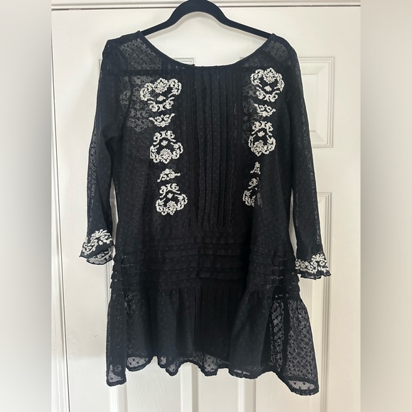 Free People Women's Black Jocelyn Pleated Dot Ruffle Lace Tunic Size medium M - Picture 5 of 9